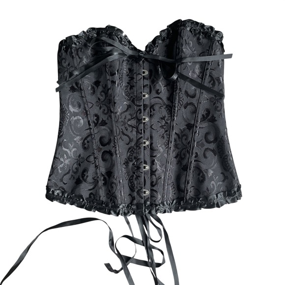 Unbranded Other - Black Damask Jacquard Corset Bustier Top Lace Up Back Ruffle Trim Size Large